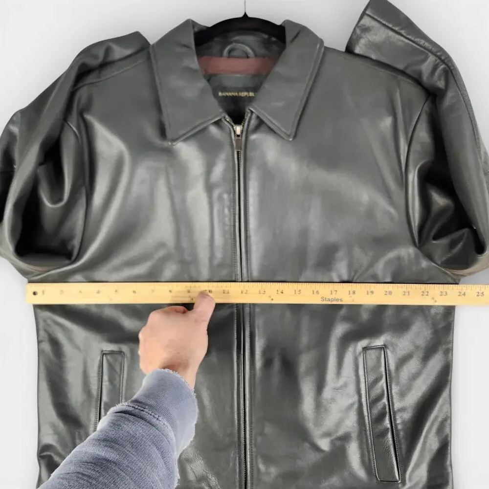 Y2K Banana Republic Leather Bomber Jacket Mens Large Gray Biker Zip Vents Lined